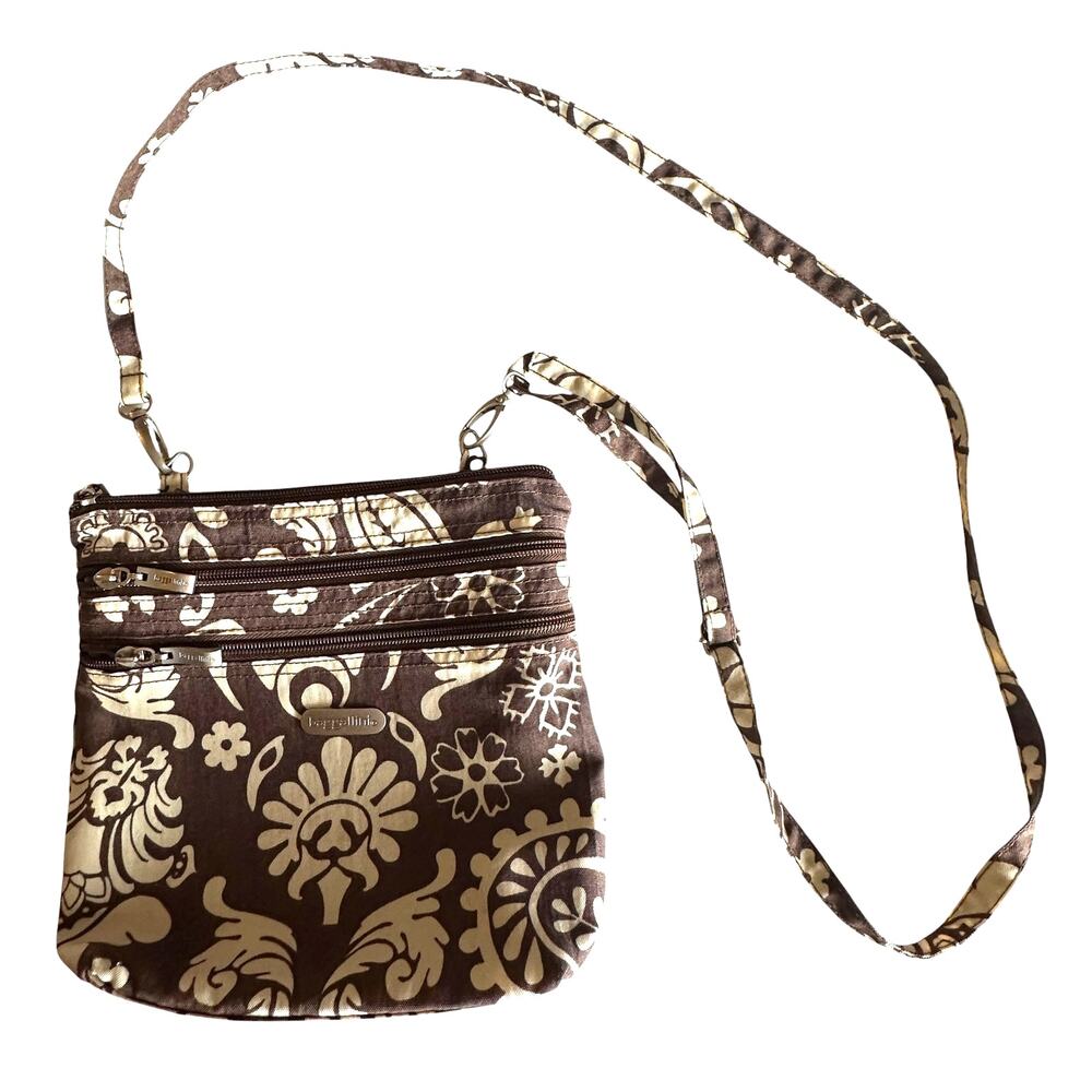 Baggallini Triple Zip Crossbody Bag Brown Cream Paisley Travel Purse Handbag